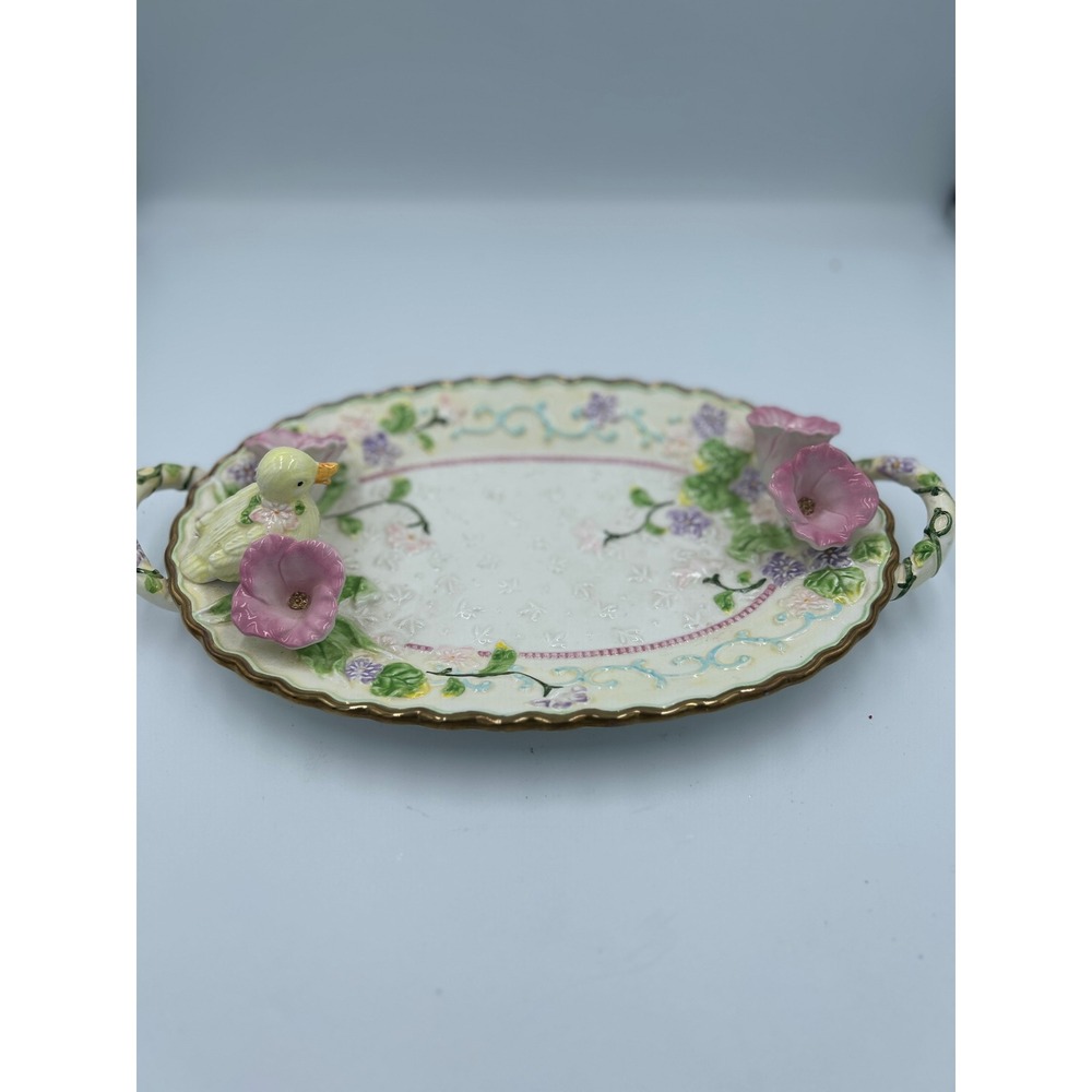 Avon China Vintage Floral Duckling Oval Serving Tray Platter 3D Flowers Gold Rim